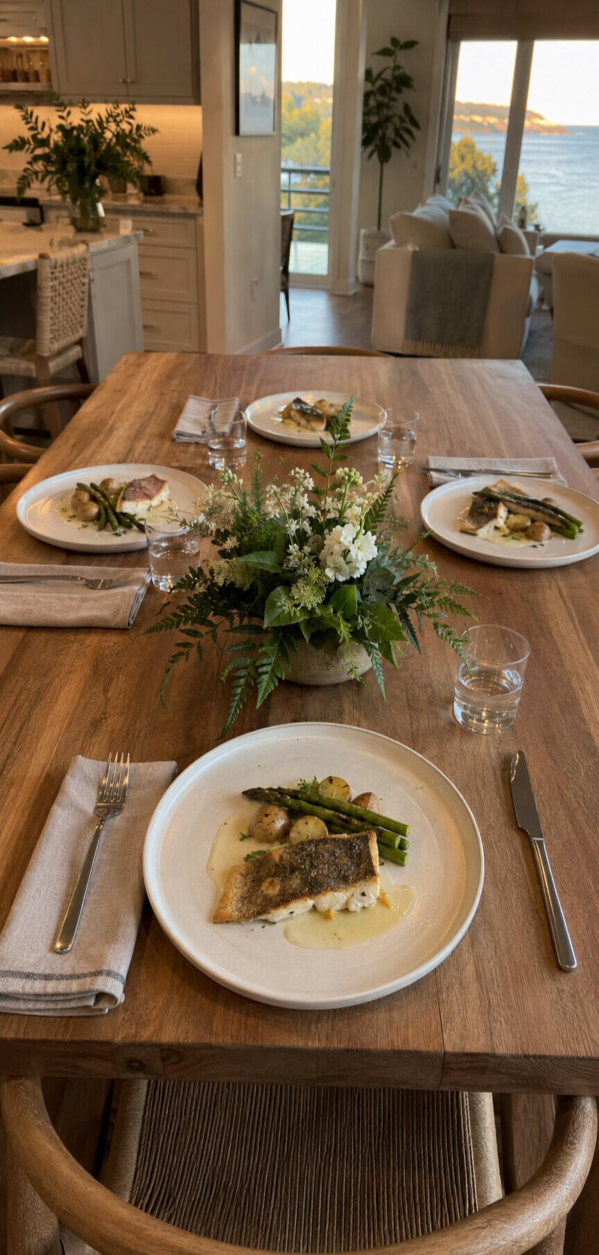 Elegant private dining table with plated sea bass prepared by Caroline O'Brien